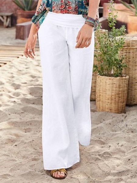 

Linen Plus Size Casual Solid Loosen Pockets Pants, White, Pants