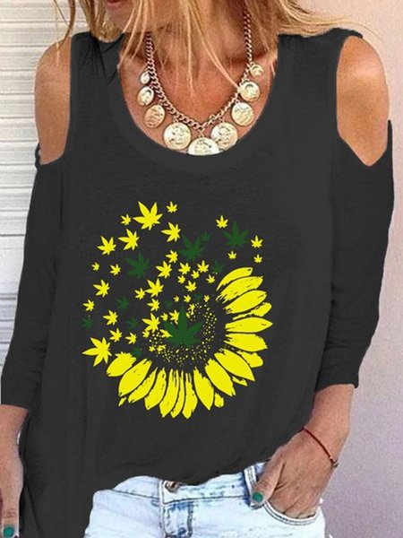 

Loosen Casual Floral Short Sleeve T-Shirt, Black, T-Shirts