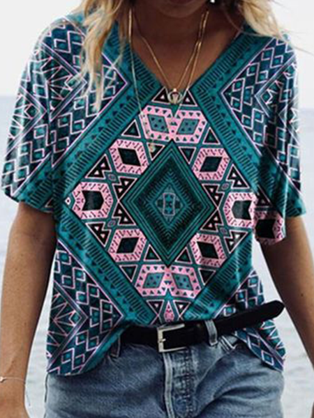 

Casual Geometric Square Print Short Sleeve T-Shirt, Green, T-Shirts