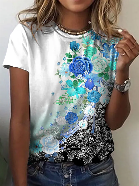 

Floral Casual Crew Neck Short Sleeve T-Shirt, White, T-Shirts