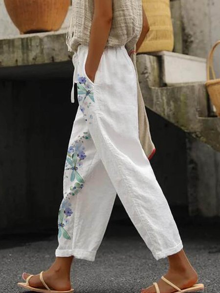 

Linen Loosen Floral Lace-Up Pants, White, Pants
