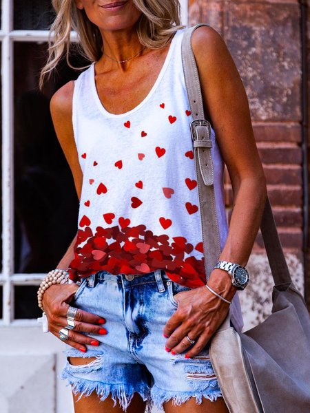 

Heart Loosen Cotton Blends Knit Tank Tops, White, Tank Top