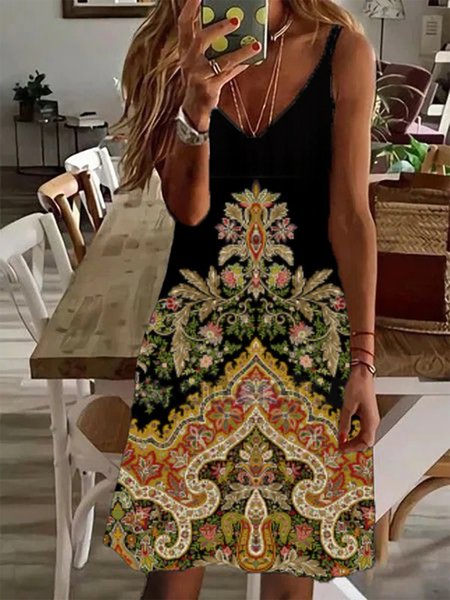 

Cotton Blends Paisley Short Sleeve Knit Dress, Black, Mini Dresses