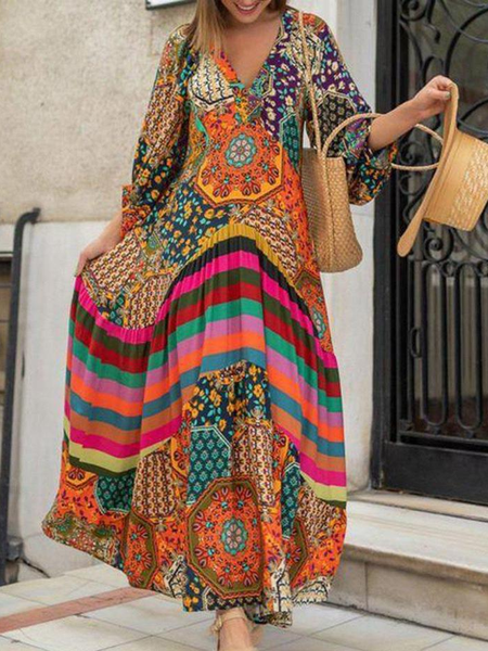 

Boho Long Sleeve Woven Dress, Multicolor, Maxi Dresses