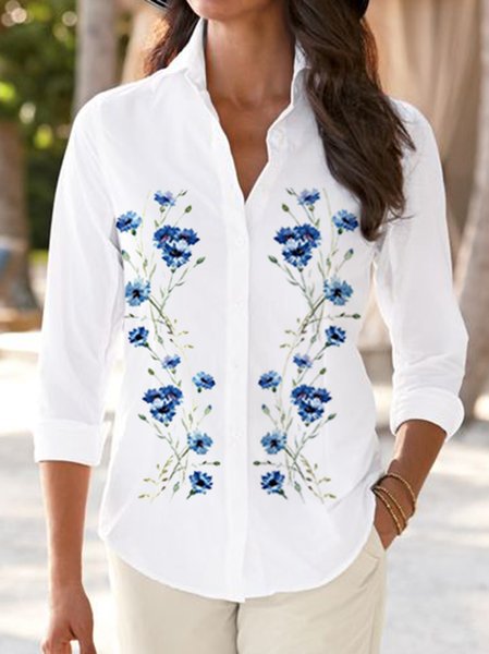

Casual Floral Loosen Long Sleeve Blouse, White, Shirts & Blouses