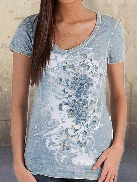 

Floral Printed Casual Loosen V Neck Short Sleeve T-Shirt, Flower, T-Shirts