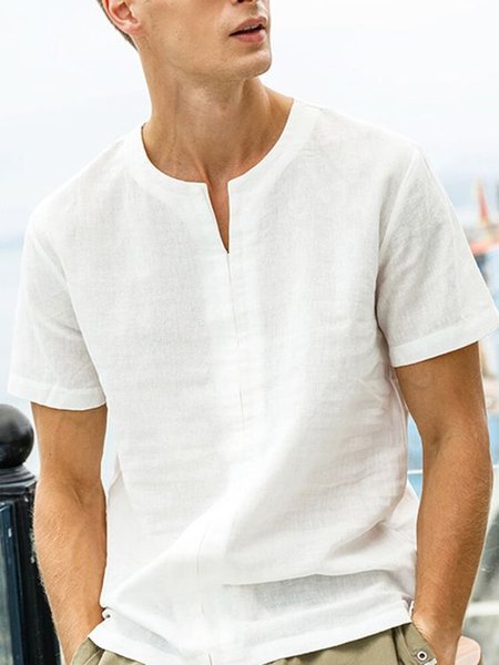 

V Neck Linen Vintage Short Sleeve Shirt, White, Blouses&Shirts