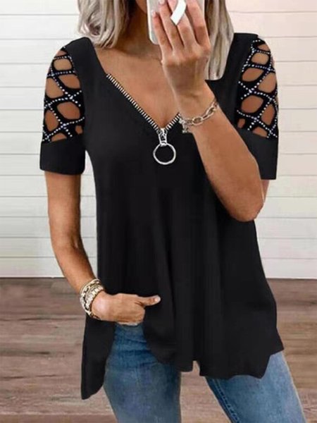 

Plain Casual V Neck Zipper Short Sleeve T-Shirt, Black, T-Shirts