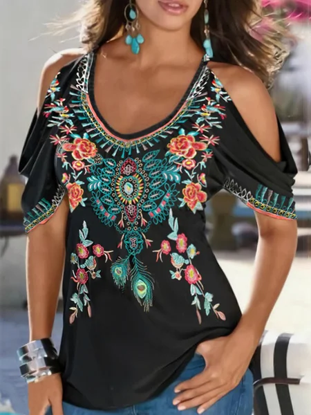

Boho Printed V Neck Off Shoulder Cold Shoulder Cotton Blend Short Sleeve Tunic Top, Black, Blouses