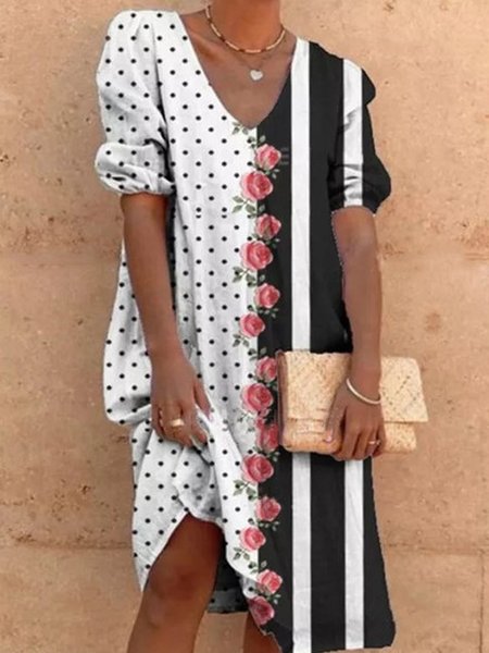 

Floral Striped Polka Dots Geometric Printed Vacation Romantic Loosen V Neck Midi Short Sleeve Woven Dress, Flower, Mini Dresses