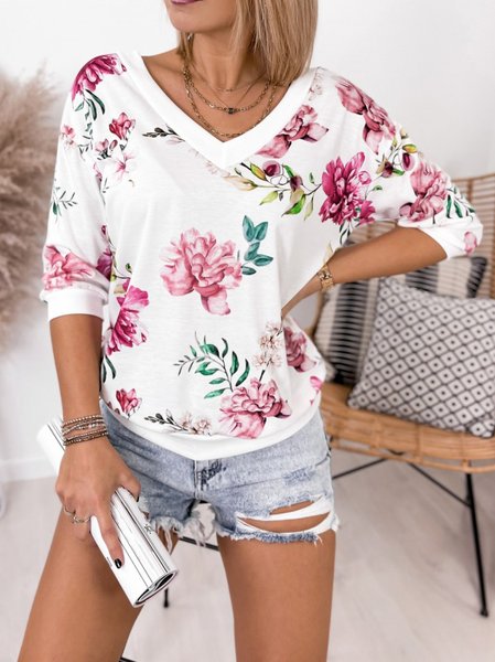 

Loosen Floral V Neck Long Sleeve Tops, White, Long sleeve tops