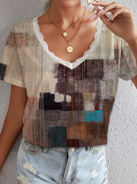 

Casual Multicolor Vintage Print Lace V-Neck Short Sleeve T-Shirt, Brown, T-Shirts