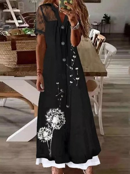 

Casual Dandelion V Neck Short Sleeve Knit Dress, Black, Maxi Dresses