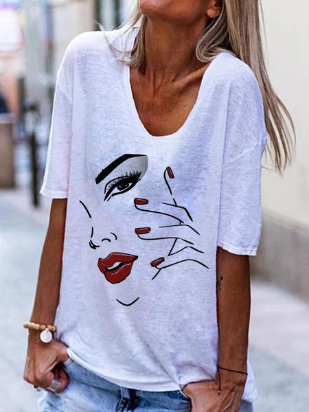 

Modern Women Printed Casual Loosen Round Neck Short Sleeve T-Shirt, White, T-Shirts