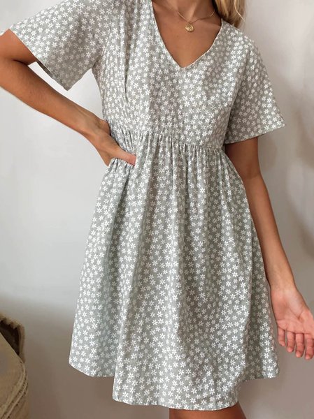 

V Neck Casual Printed Short Sleeve Women Dress, Gray, Mini Dresses