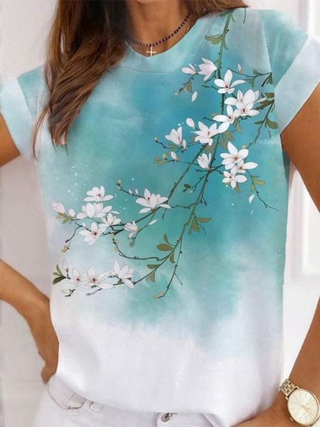 Floral Printed Casual Short Sleeve Loosen T-Shirt, White, T-Shirts