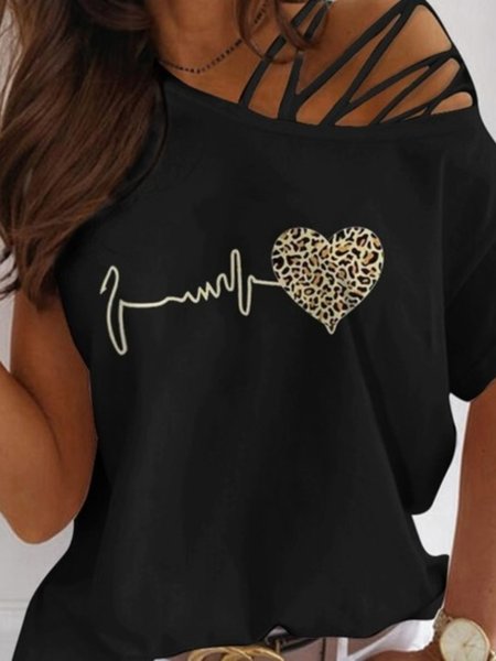 

Casual Short Sleeve Plus Size Printed Tops T-shirts, Black, T-Shirts