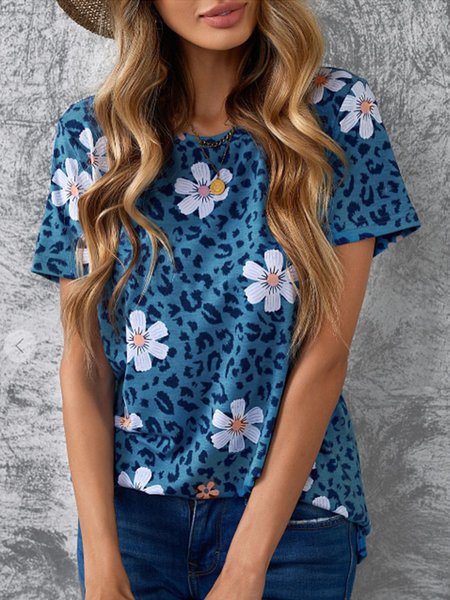

Casual Floral Short Sleeve T-Shirt, Blue, Tees