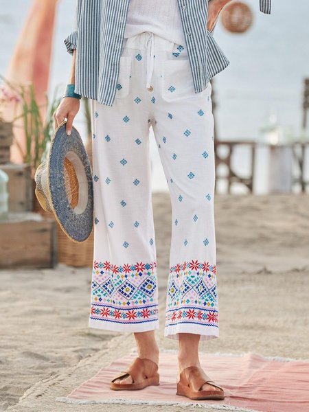 

Vacation Tribal Wide Leg Mid Waist Pants, White, Pants