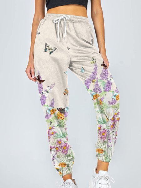 

Casual Floral Pockets Sports Pants, White, Sport Pants