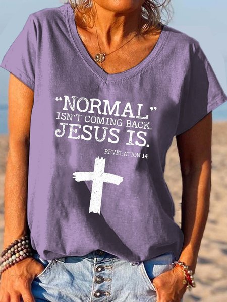 

Normal Isn’t Coming Back Jesus Is Revelation 14 V-neck T-Shirt, Purple, T-shirts