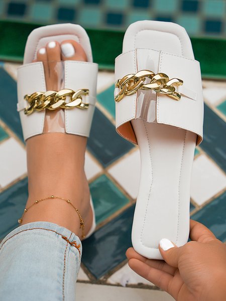 

Gold Chain Transparent Contrast Panel Slippers, White, Slippers