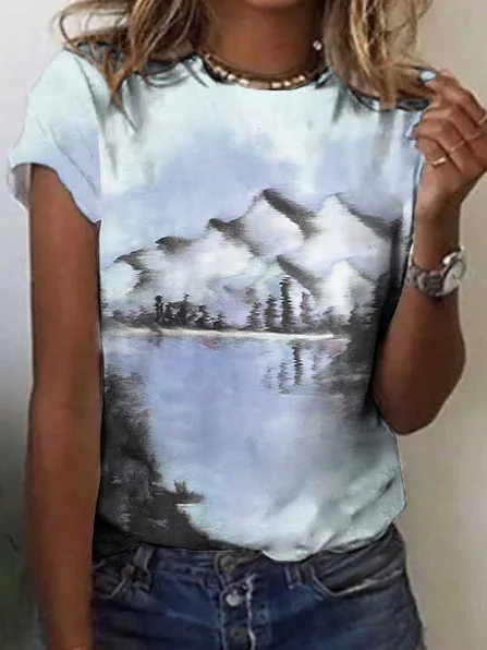 

Landscape Painting Crew Neck Cotton Blends Short Sleeve T-Shirt, Blue, T-Shirts