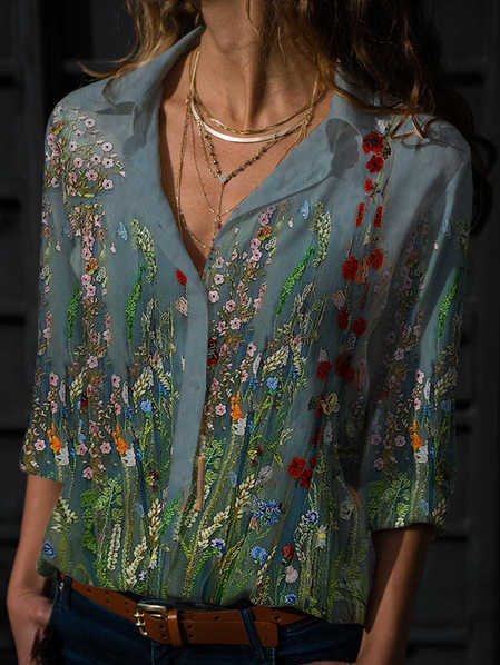 

Floral Shirt Collar Long Sleeve Blouse, Blue, Shirts & Blouses