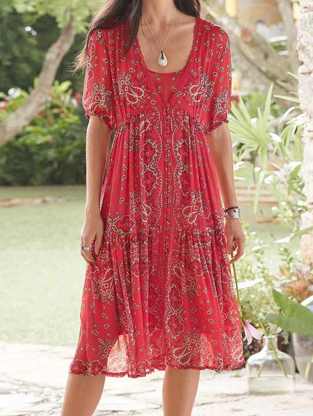 

Vacation Short Sleeve Woven Dress, Red, Dresses