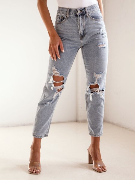 

Denim Regular Fit Ripped Pockets Jeans, Blue, Bottoms