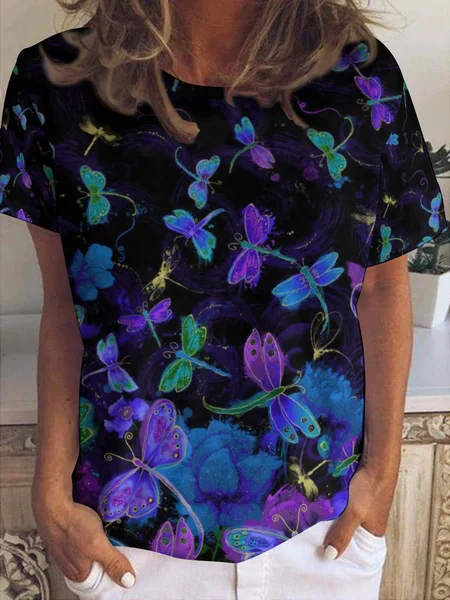 

Casual Dragonfly Floral Print Crew Neck T-Shirt, As picture, T-shirts