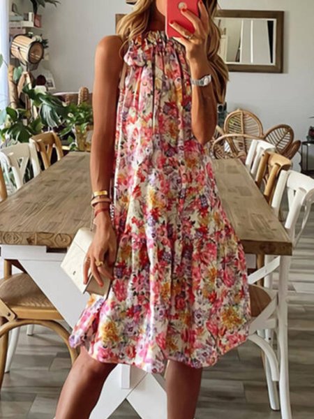 

Floral Round Neck Sleeveless Dress, Multicolor, Midi Dresses