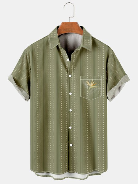 

Resort Style Hawaiian Series Palm Leaf Flower And Striped Geometric Elements Lapel Short-Sleeved Printed Shirt Top, Green, Men's Floral shirt