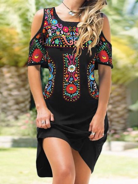 

Tribal Floral Printed Boho Loosen Crew Neck Short Sleeve Midi Knit Dress, Black, Mini Dresses