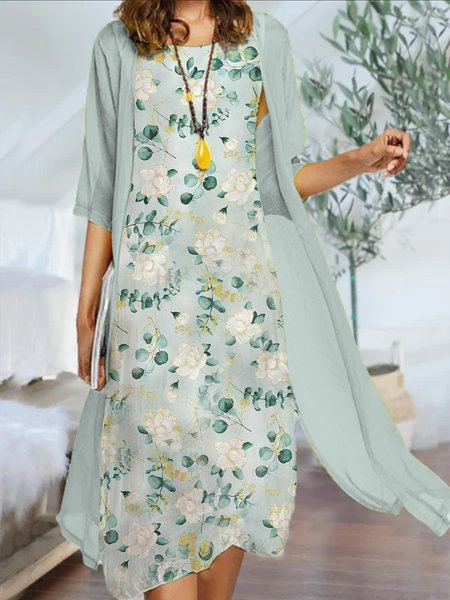 

A loose shawl coat, two sets of fried dough twist floral dress, long dress suit Two Piece Sets Plus Size, Aqua, Suit Set