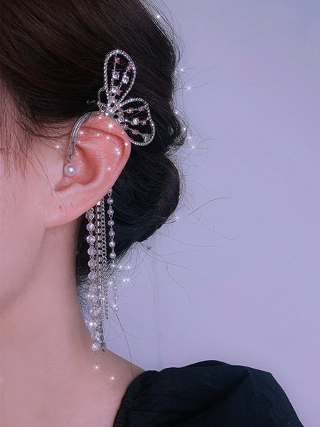 

JFN Pearl Rhinestone Fringe Earrings Ear Cuffs, As picture, Earrings