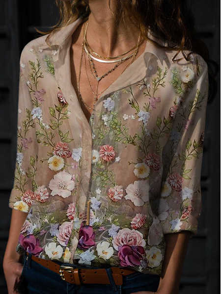 

Floral Shirt Collar Vacation Long Sleeve Blouse, Multicolor, Shirts & Blouses