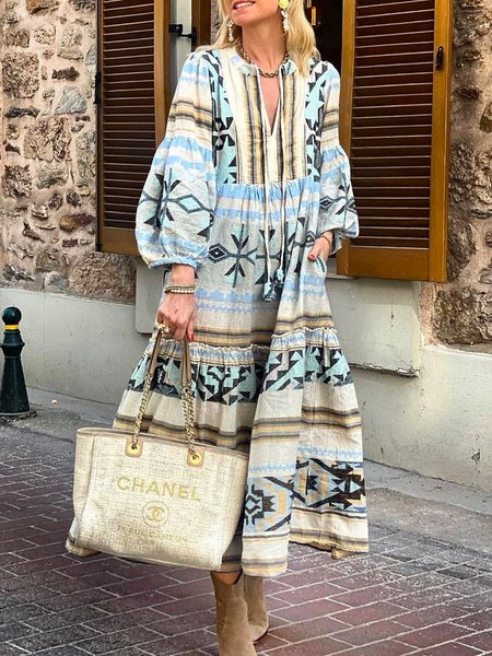 

Casual Tribal Long Sleeve Woven Dress, As picture, Maxi Dresses