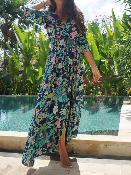 Floral Loosen Long Sleeve Woven Dress, Multicolor, Maxi Dresses