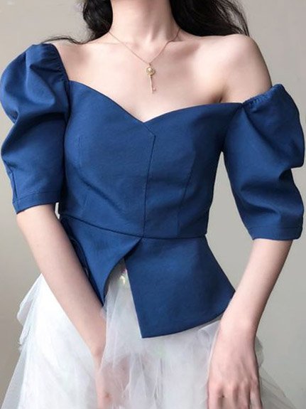 

V Neck Simple Slit Short Sleeve Top, Blue, Tops