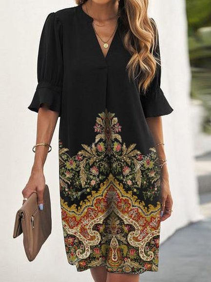 

V Neck Short Sleeve Woven Dress, Black, Mini Dresses