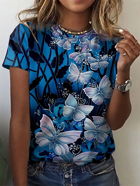 

Crew Neck Casual Butterfly Short Sleeve T-Shirt, Blue, T-Shirts