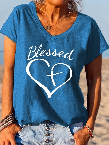 Blessed Cross Print V-Neck Short Sleeve T-Shirt, Blue, T-shirts