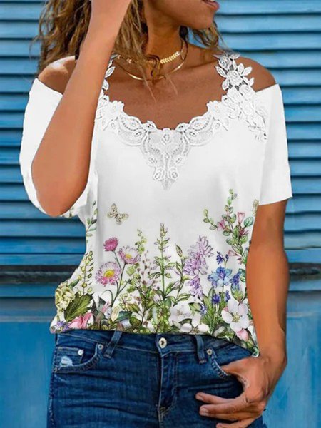 

Lace Casual V neck Floral Short Sleeve T-Shirt, White, T-Shirts