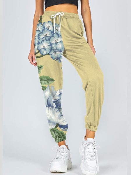 

Casual Floral Loosen Sports Pants, Yellow brown, Sport Pants