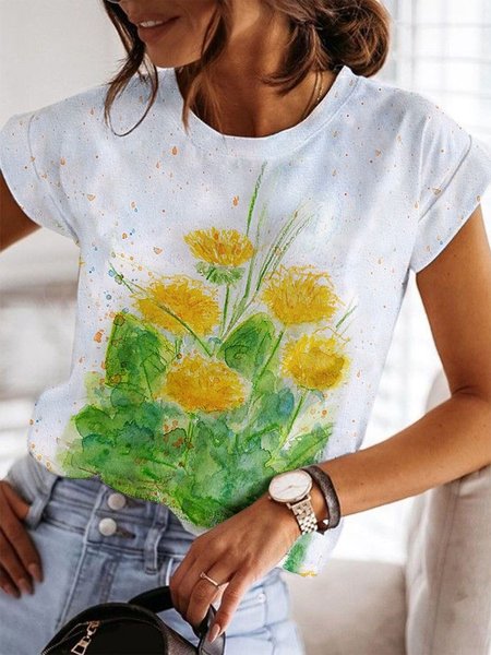 

Cotton Blends Floral Casual Short Sleeve T-Shirt, White, Tees & T-shirts