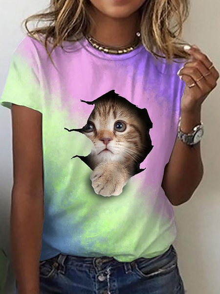 

Plus size Cat Printed Short Sleeve T-Shirt, Multicolor, T-Shirts