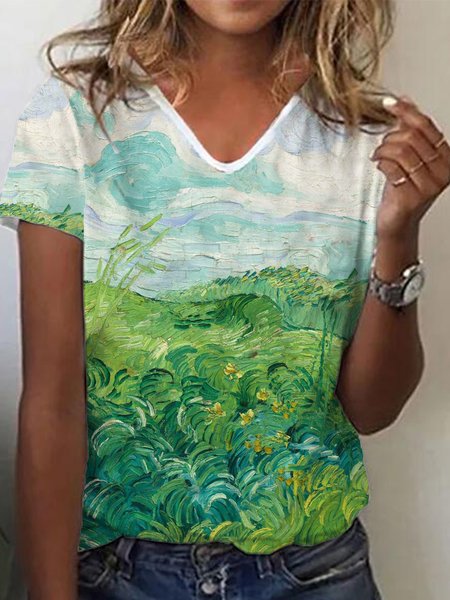 

Landscape Print Short Sleeve T-Shirt, Multicolor, T-Shirts