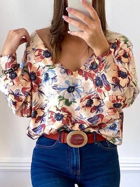 

V neck Floral Loosen Casual Long Sleeve Tops, Multicolor, Long sleeve tops