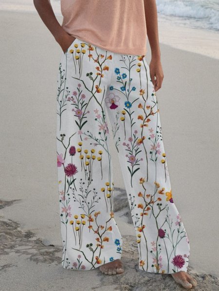 

Floral Printed Loosen Pockets Pants, White, Pants